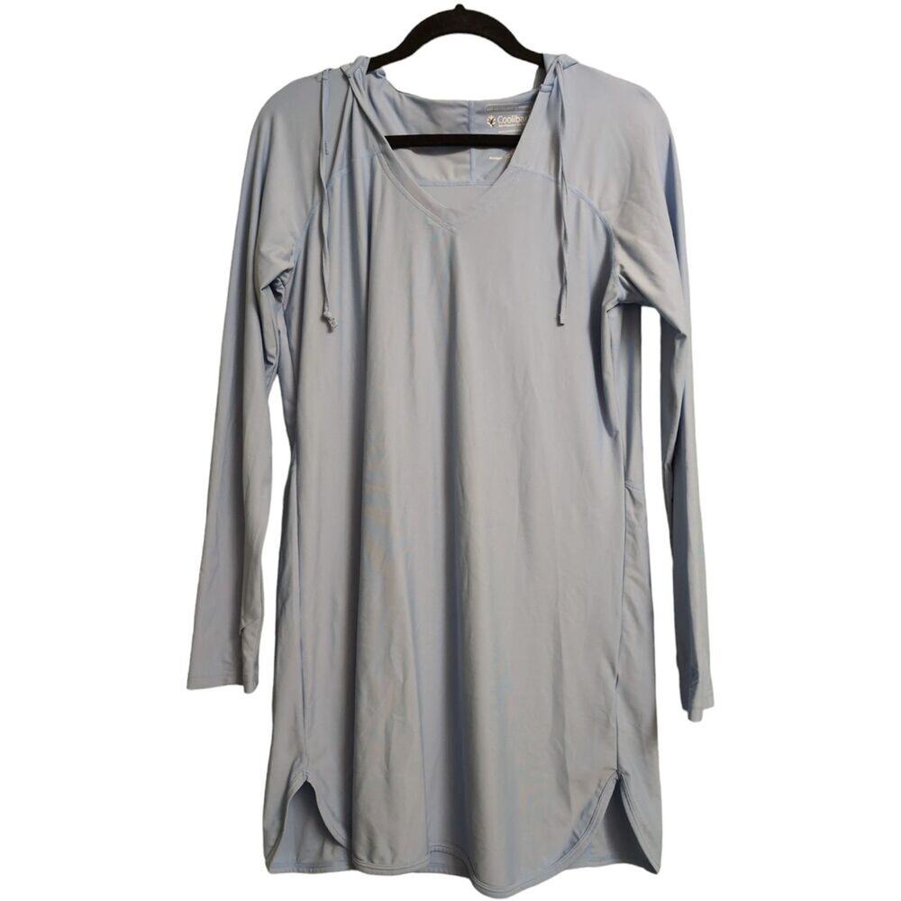 Coolibar Seacoast Swim Cover Up Dress Blue Tunic Long Sleeve Hooded Size M
